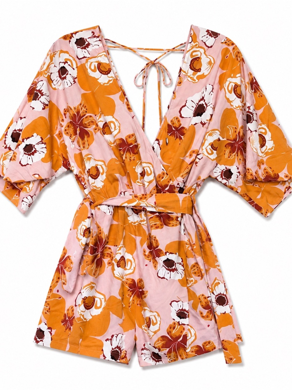 Hello Molly Pink and Orange Floral Romper Wrap Dress